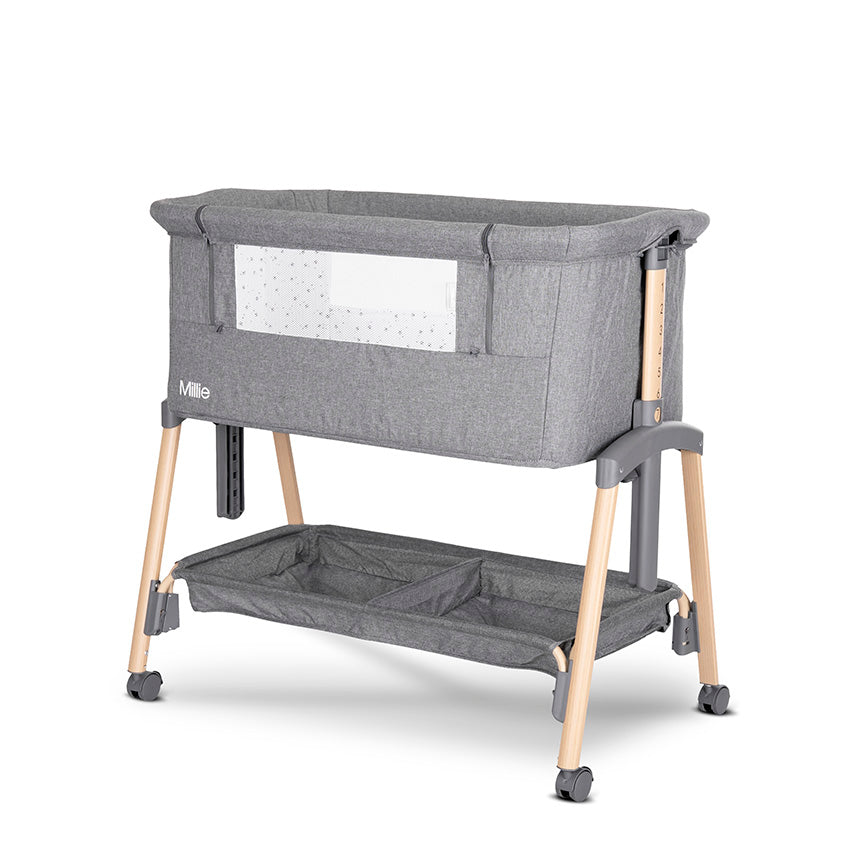 Minicuna MILLIE Lorelli – Cuna Colecho con Altura Regulable, Antirreflujo y Mosquitera gris