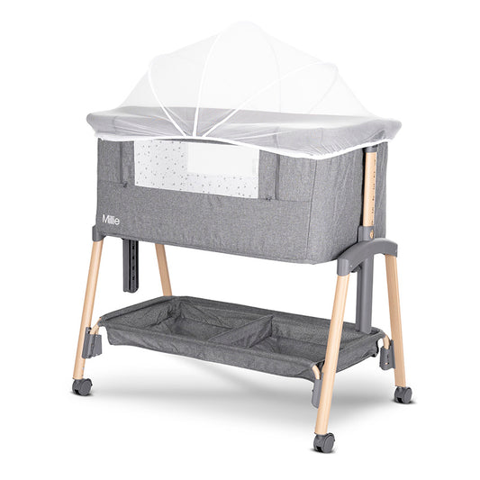 Minicuna MILLIE Lorelli – Cuna Colecho con Altura Regulable, Antirreflujo y Mosquitera gris