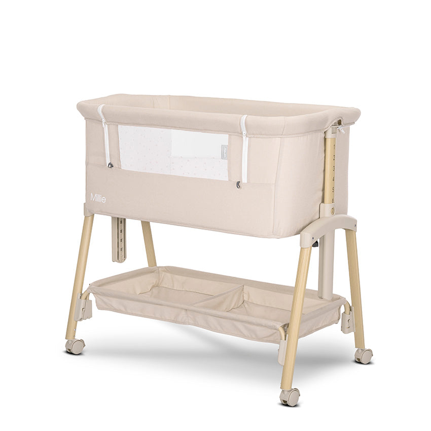 Minicuna MILLIE Lorelli – Cuna Colecho con Altura Regulable, Antirreflujo y Mosquitera beige