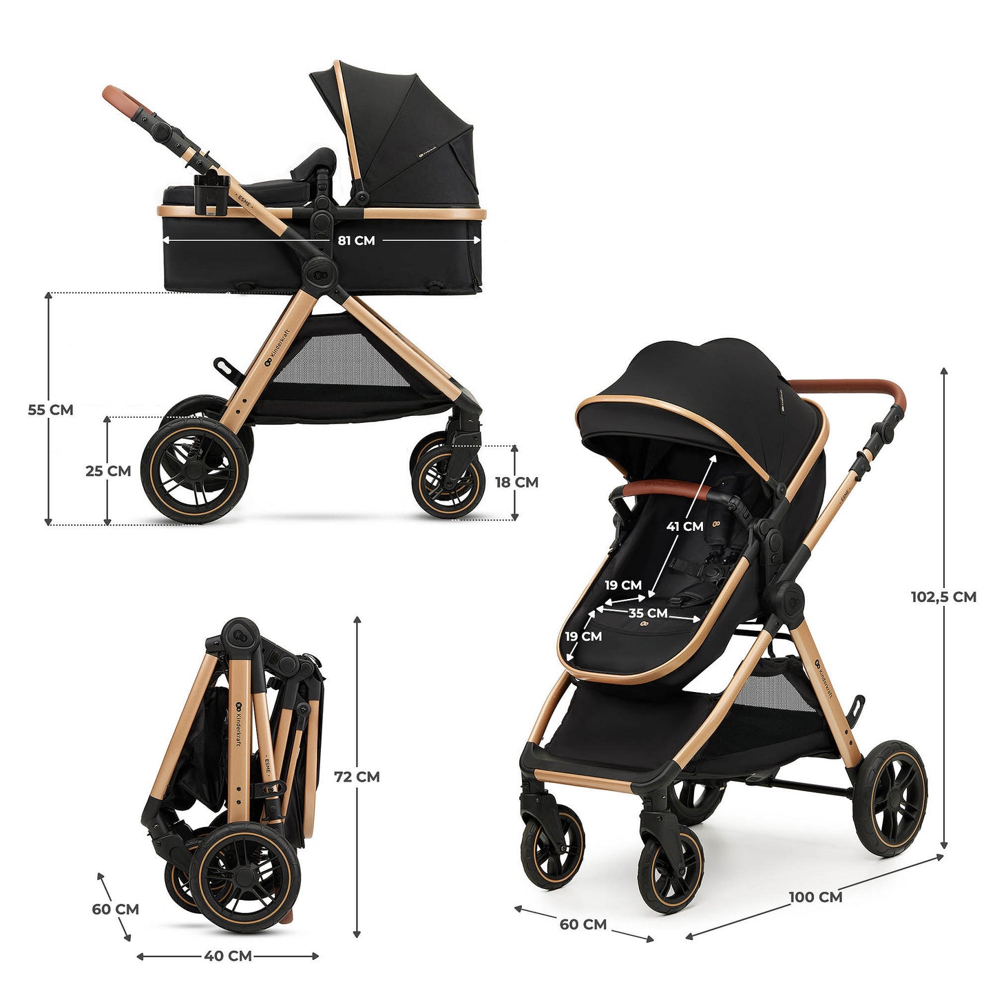 Carro de Bebé Negro Kinderkraft ESME PRO 3 en 1 | Capazo, Silla y Silla de Coche