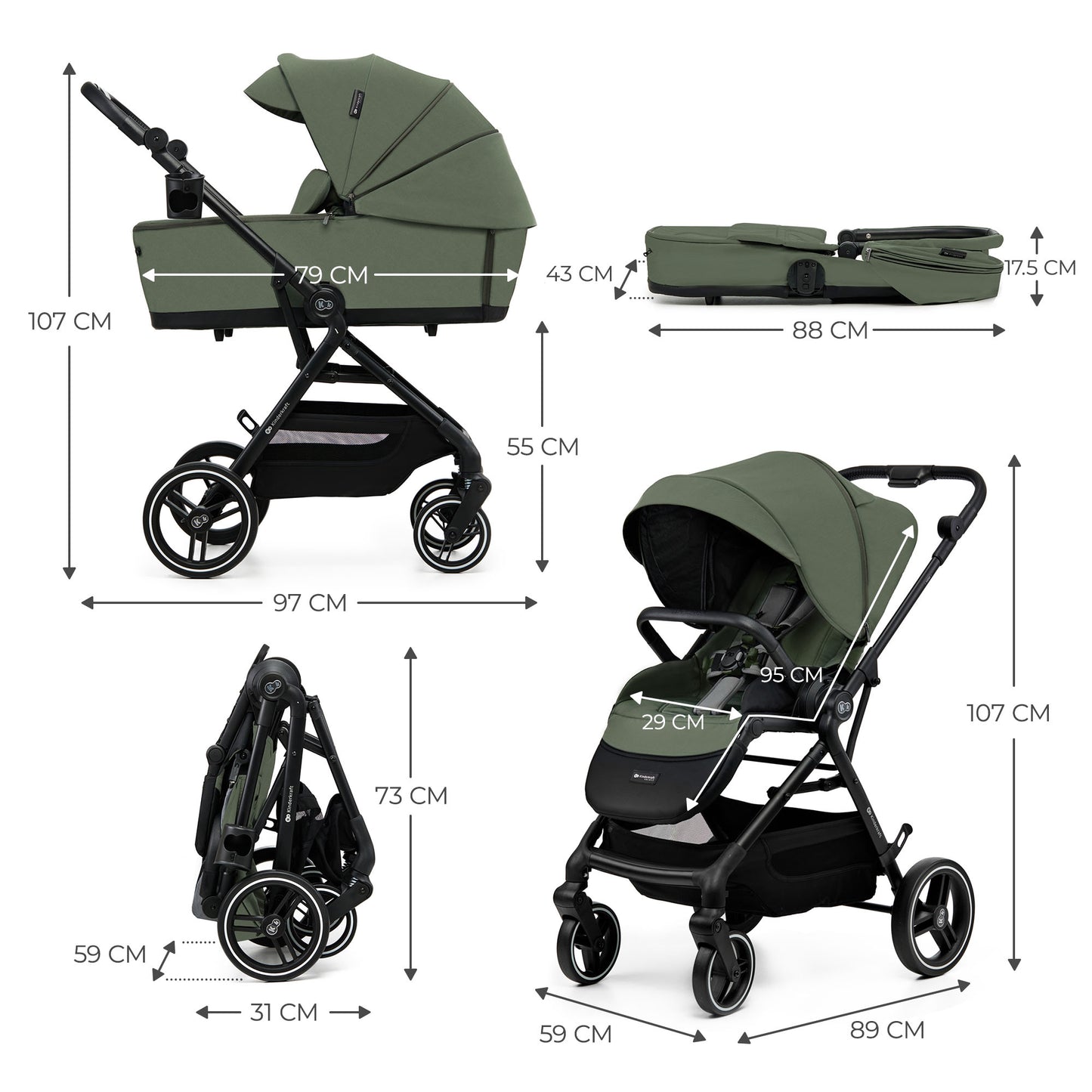 Carro bebé Kinderkraft YOXI 3 en 1  Verde+ silla coche i-Size ISOFIX