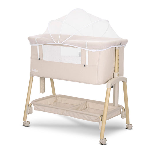 Minicuna MILLIE Lorelli – Cuna Colecho con Altura Regulable, Antirreflujo y Mosquitera beige