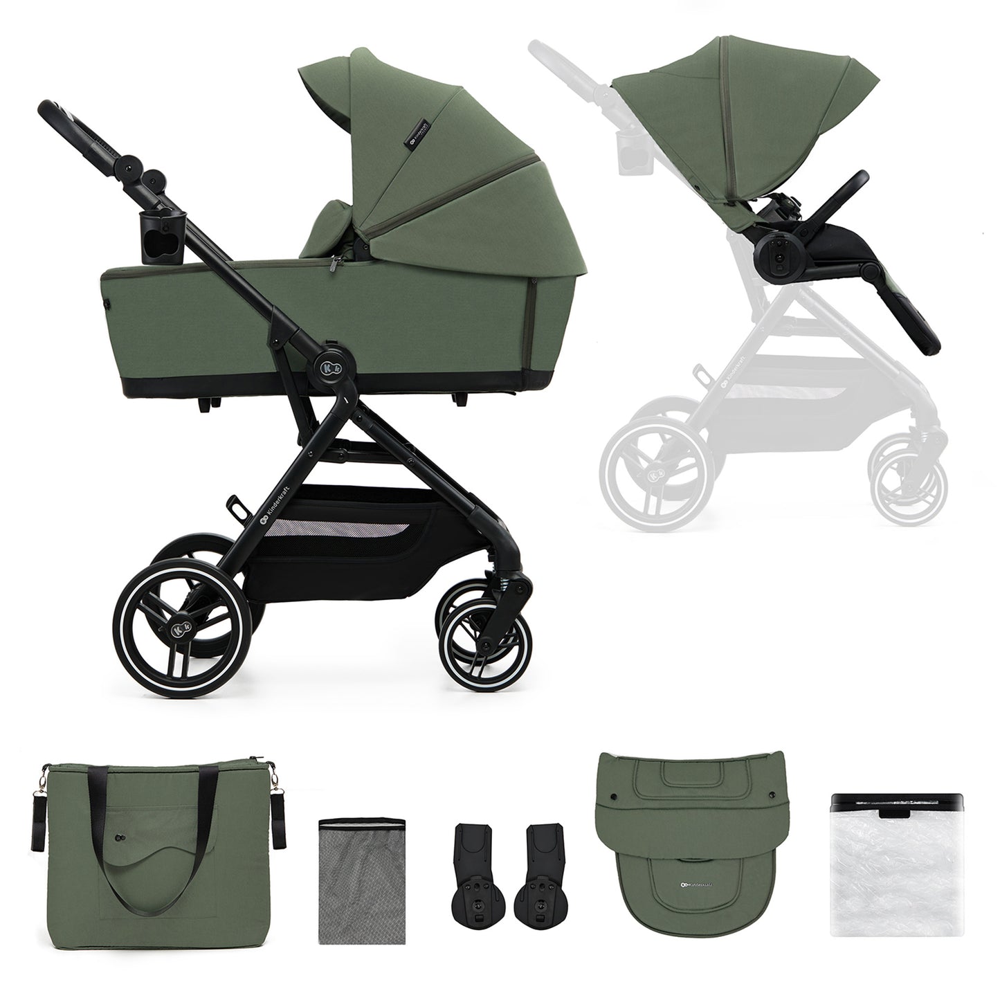 Carro bebé Kinderkraft YOXI 3 en 1  Verde+ silla coche i-Size ISOFIX