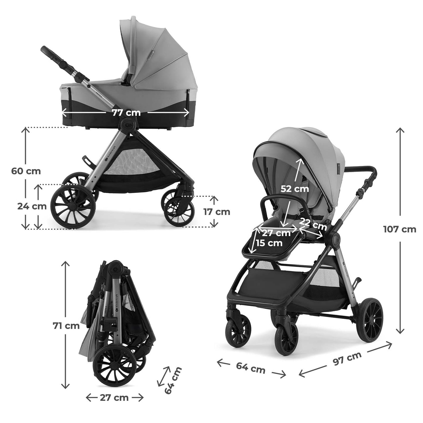 Carro de Bebé Kinderkraft VESTO 3 en 1 hasta 22 kg gris | Silla de Coche MINK PRO 2 i-Size, Capazo, Silla Reversible y Travel System