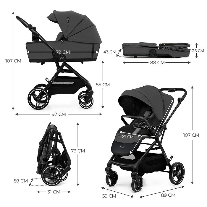 Carro de Bebé Kinderkraft YOXI 2 en 1 hasta 22 kg Gris| Capazo, Silla Reversible, Chasis de Aluminio y Travel System