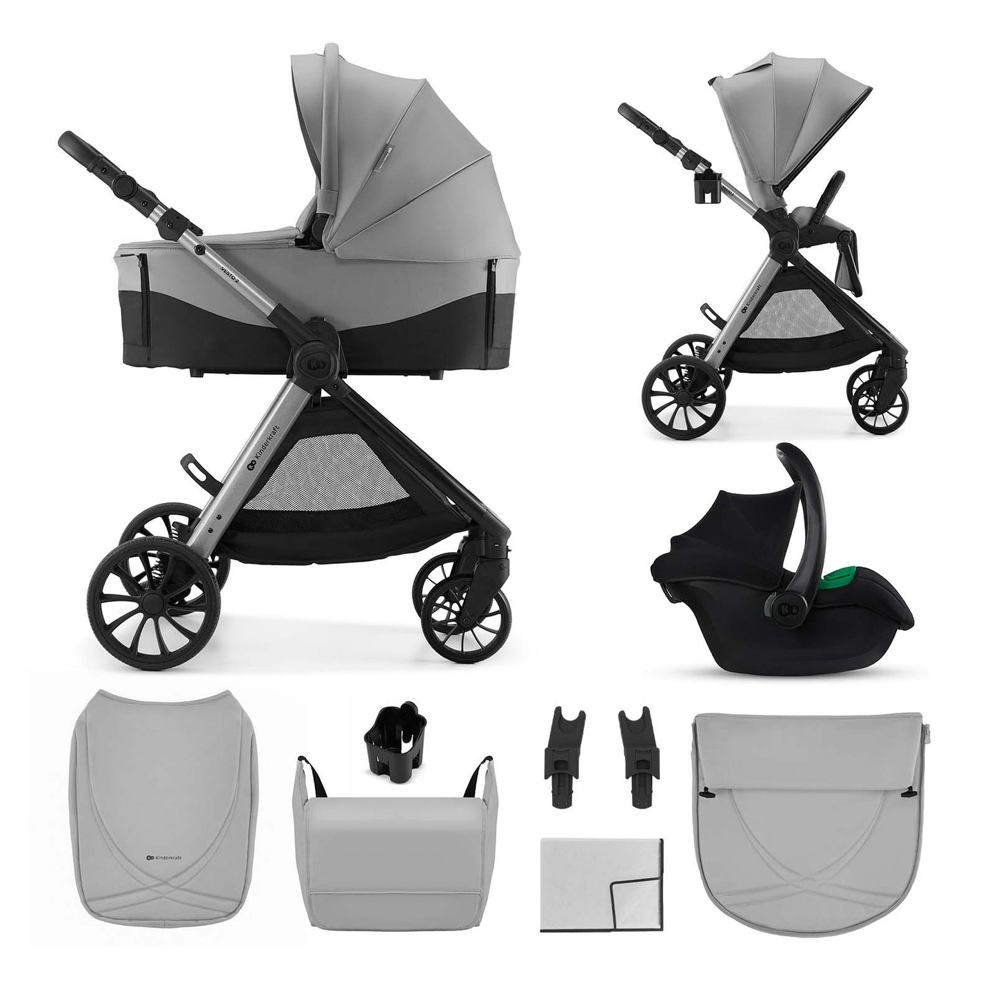 Carro de Bebé Kinderkraft VESTO 3 en 1 hasta 22 kg gris | Silla de Coche MINK PRO 2 i-Size, Capazo, Silla Reversible y Travel System
