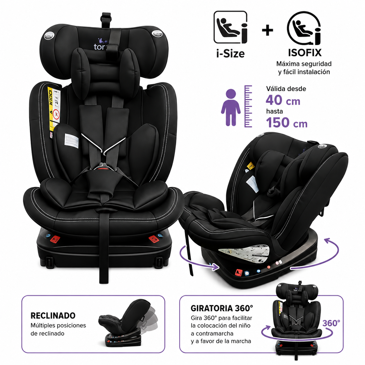 Silla de Coche Toral DAYTONA 360° i-Size ISOFIX 40-150 cm | Top Tether, Giratoria, Desde Nacimiento R129