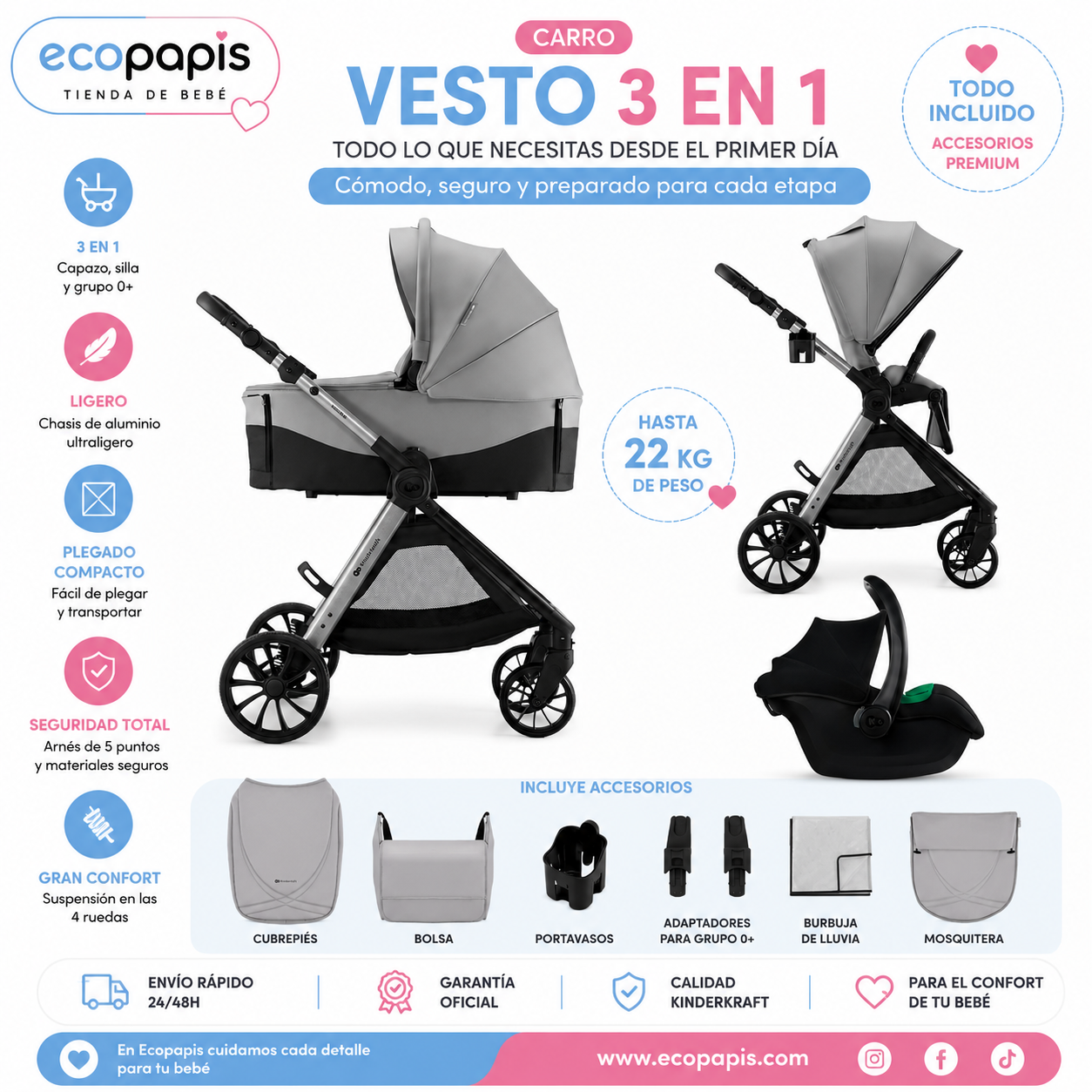 Carro de Bebé Kinderkraft VESTO 3 en 1 hasta 22 kg gris | Silla de Coche MINK PRO 2 i-Size, Capazo, Silla Reversible y Travel System