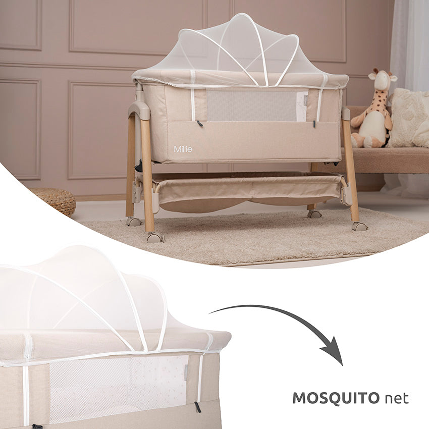 Minicuna MILLIE Lorelli – Cuna Colecho con Altura Regulable, Antirreflujo y Mosquitera gris