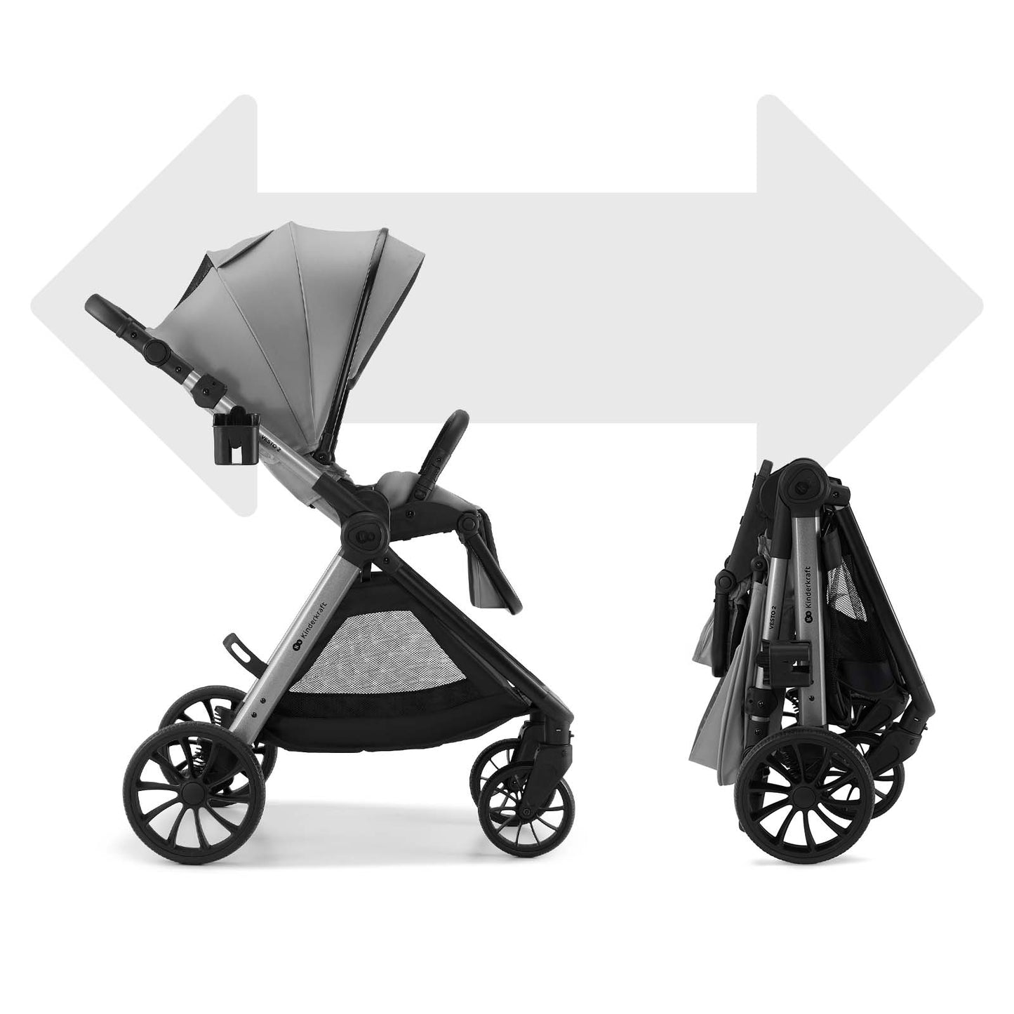 Carro de Bebé Kinderkraft VESTO 3 en 1 hasta 22 kg gris | Silla de Coche MINK PRO 2 i-Size, Capazo, Silla Reversible y Travel System