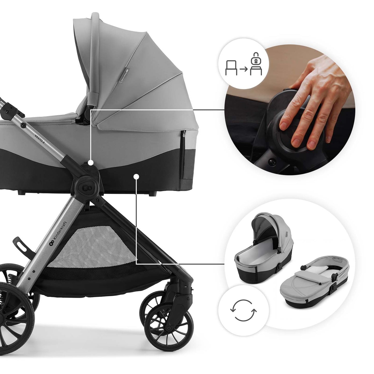 Carro de Bebé Kinderkraft VESTO 3 en 1 hasta 22 kg Beige | Silla de Coche MINK PRO 2 i-Size, Capazo, Silla Reversible y Travel System