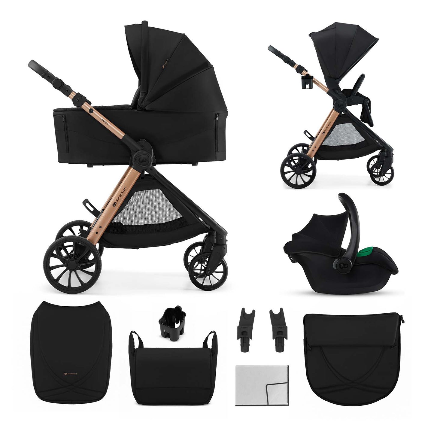 Carro de Bebé Kinderkraft VESTO 3 en 1 hasta 22 kg negro | Silla de Coche MINK PRO 2 i-Size, Capazo, Silla Reversible y Travel System