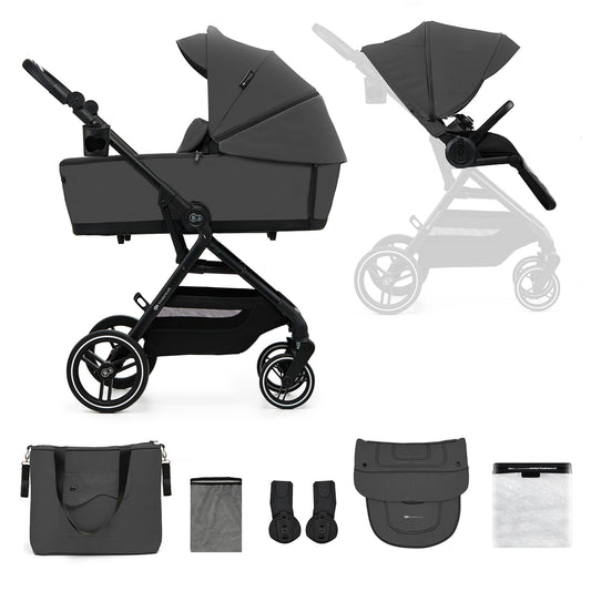 Carro de Bebé Kinderkraft YOXI 2 en 1 hasta 22 kg Gris| Capazo, Silla Reversible, Chasis de Aluminio y Travel System
