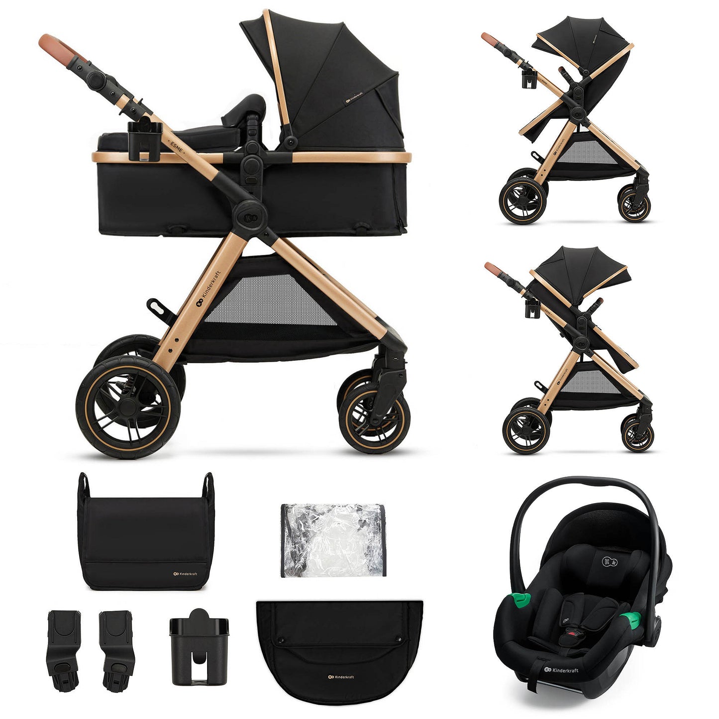 Carro de Bebé Negro Kinderkraft ESME PRO 3 en 1 | Capazo, Silla y Silla de Coche