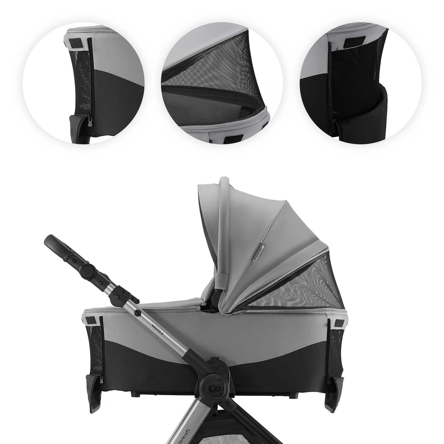 Carro de Bebé Kinderkraft VESTO 3 en 1 hasta 22 kg gris | Silla de Coche MINK PRO 2 i-Size, Capazo, Silla Reversible y Travel System