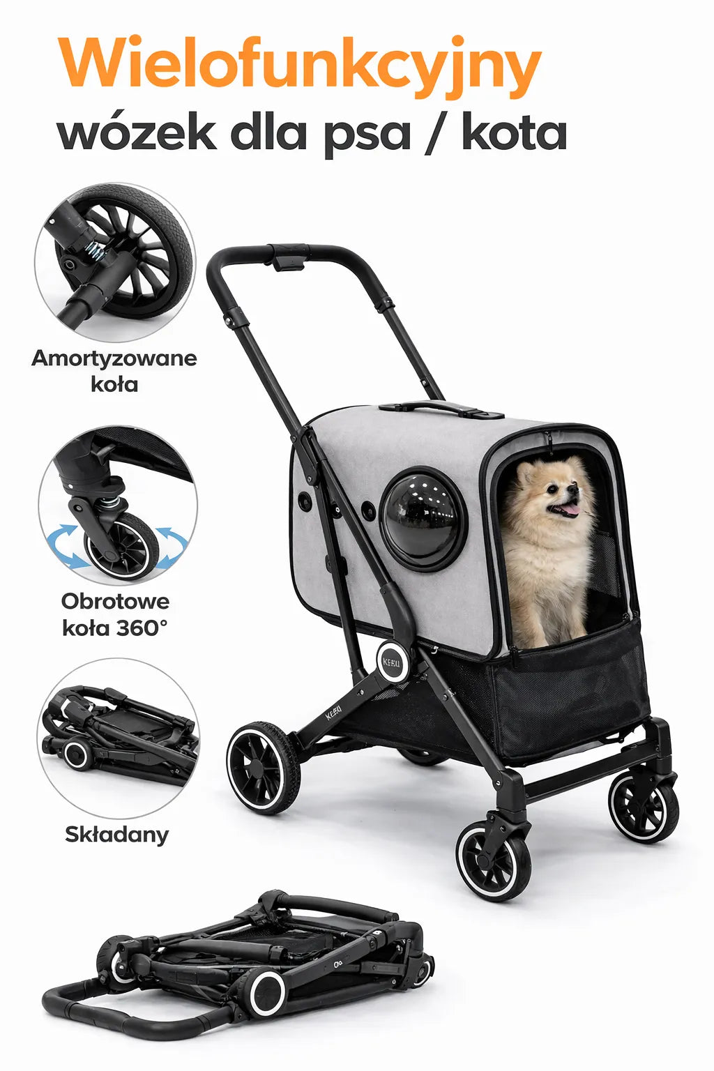 Cochecito para Perros y Gatos Plegable 2 en 1 con Transportín – Carrito para Mascotas Pequeñas, Viaje y Veterinario (Gris)