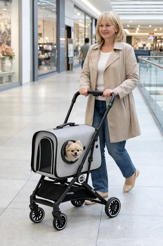 Cochecito para Perros y Gatos Plegable 2 en 1 con Transportín – Carrito para Mascotas Pequeñas, Viaje y Veterinario (Gris)
